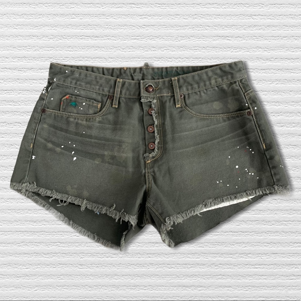 Tortoise Denim Army Green Paint Splatter Cut Off Shorts